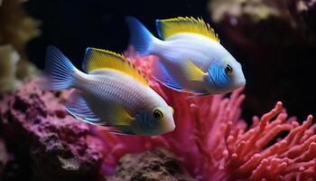 ai gerado vibrante palhaço peixe nadar abaixo a colorida coral recife gerado de ai foto