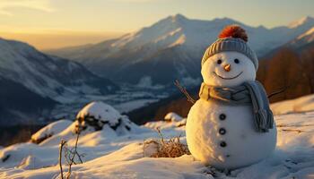 sorridente boneco de neve goza inverno ao ar livre, cercado de natureza beleza gerado de ai foto