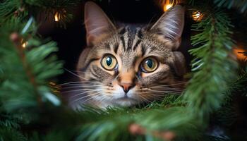 fofa gatinho sentado em filial, encarando às iluminado presente gerado de ai foto