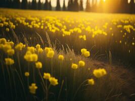 ai gerado brilhando Campos do inverno suave foco pôr do sol Prado com amarelo flores da natureza abraçar. uma sinfonia do cores caloroso inverno pôr do sol Prado com abstrato suave foco natureza harmonia. foto