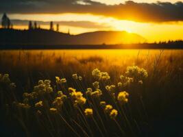 ai gerado brilhando Campos do inverno suave foco pôr do sol Prado com amarelo flores da natureza abraçar. uma sinfonia do cores caloroso inverno pôr do sol Prado com abstrato suave foco natureza harmonia. foto