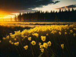 ai gerado brilhando Campos do inverno suave foco pôr do sol Prado com amarelo flores da natureza abraçar. uma sinfonia do cores caloroso inverno pôr do sol Prado com abstrato suave foco natureza harmonia. foto