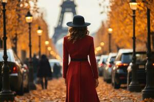 ai gerado mulher caminhando em rua dentro Paris. ai gerado foto