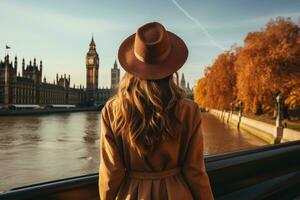 ai gerado mulher caminhando em rua dentro Paris. ai gerado foto