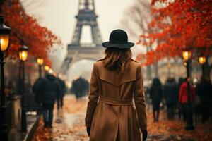 ai gerado mulher caminhando em rua dentro Paris. ai gerado foto