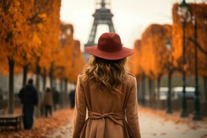 ai gerado mulher caminhando em rua dentro Paris. ai gerado foto