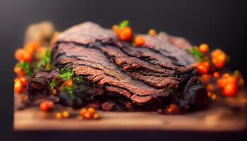 ai gerado carne peito churrasco. picado carne peito. tradicional texas fumaça casa eu no. esfregou com especiarias e defumado dentro uma texas fumaça casa sobre algaroba madeira.generativa ai foto