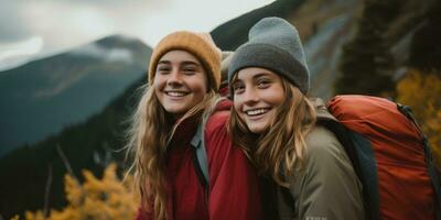 ai gerado casal caminhada dentro montanhas dentro inverno. ai gerado foto