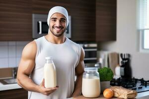 jovem cara fazer proteína mexe às cozinha, cópia de espaço. ai gerado foto