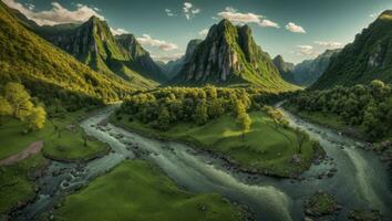 ai gerado majestoso verde musgoso vale com rio e montanhas foto