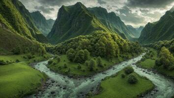 ai gerado majestoso verde musgoso vale com rio e montanhas foto