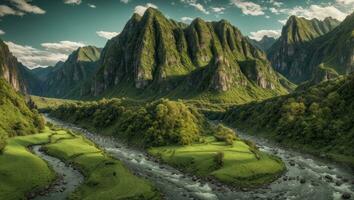 ai gerado majestoso verde musgoso vale com rio e montanhas foto