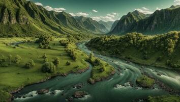 ai gerado majestoso verde musgoso vale com rio e montanhas foto