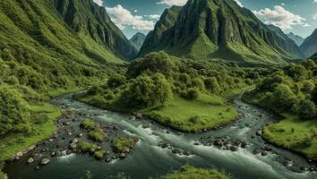 ai gerado majestoso verde musgoso vale com rio e montanhas foto