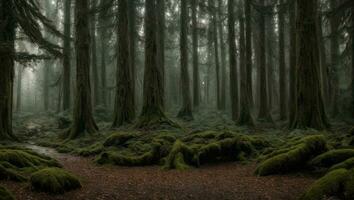 ai gerado majestoso enevoado calafrio luxúria chuvoso floresta com uma leve névoa foto