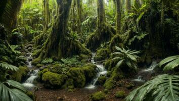 ai gerado majestoso denso chuva floresta com Primavera água foto