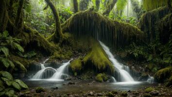 ai gerado majestoso denso chuva floresta com Primavera água foto