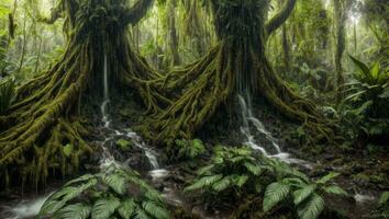 ai gerado majestoso denso chuva floresta com Primavera água foto