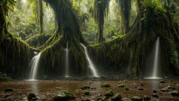 ai gerado majestoso denso chuva floresta com Primavera água foto