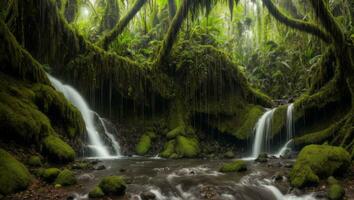 ai gerado majestoso denso chuva floresta com Primavera água foto