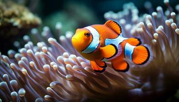 ai gerado vibrante palhaço peixe nadar abaixo a colorida coral recife gerado de ai foto