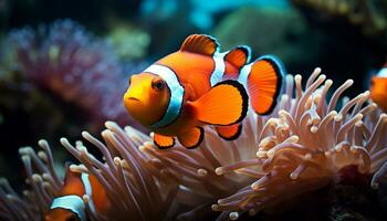 ai gerado vibrante palhaço peixe nadar abaixo a colorida coral recife gerado de ai foto
