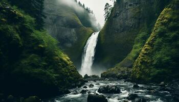 ai gerado majestoso cascata fluindo através tropical floresta tropical, uma tirar o fôlego aventura gerado de ai foto