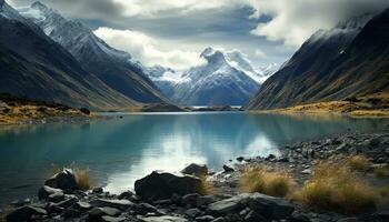 ai gerado majestoso montanha pico reflete dentro tranquilo água, natureza beleza gerado de ai foto