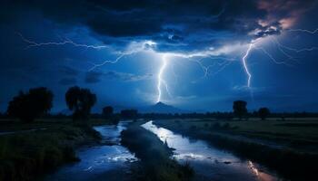 ai gerado dramático céu, Sombrio noite, trovoada, majestoso montanhas, molhado Relva gerado de ai foto