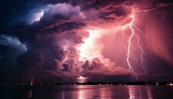 ai gerado dramático céu, Sombrio noite, trovoada, majestoso montanhas, molhado Relva gerado de ai foto