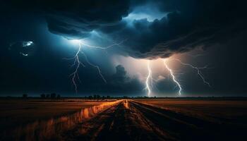 ai gerado dramático céu, Sombrio noite, trovoada, majestoso montanhas, molhado Relva gerado de ai foto