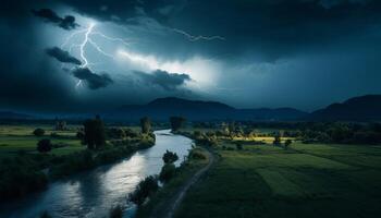 ai gerado dramático céu, Sombrio noite, trovoada, majestoso montanhas, molhado Relva gerado de ai foto