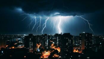 ai gerado dramático céu, Sombrio noite, trovoada, majestoso montanhas, molhado Relva gerado de ai foto