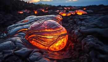 ai gerado brilhando fogueira entra em erupção, Derretendo aço dentro natureza fogosa inferno gerado de ai foto