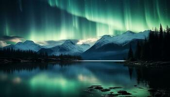 ai gerado majestoso montanha pico reflete estrelado noite dentro tranquilo ártico panorama gerado de ai foto