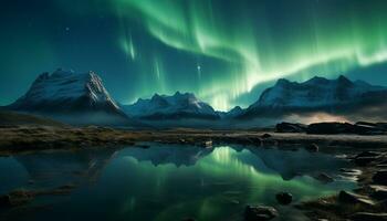 ai gerado majestoso montanha pico reflete estrelado noite dentro tranquilo ártico panorama gerado de ai foto