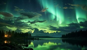 ai gerado majestoso montanha pico reflete estrelado noite dentro tranquilo ártico panorama gerado de ai foto