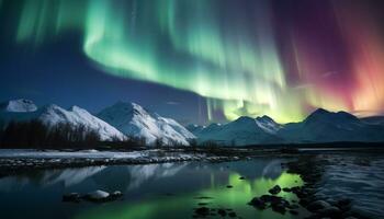 ai gerado majestoso montanha pico reflete tranquilo pôr do sol sobre água gerado de ai foto