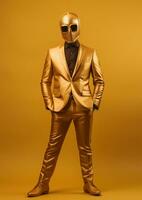 ai gerado homem vestindo uma dourado terno e uma mascarar em isolado dourado fundo foto