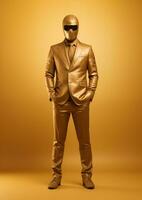 ai gerado homem vestindo uma dourado terno e uma mascarar em isolado dourado fundo foto