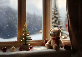 ai gerado vidro quarto com Urso de pelúcia Urso e Natal árvore decoração foto
