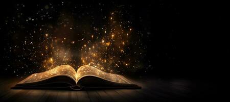 ai gerado generativo ai, aberto Antiguidade livro em Sombrio fundo com Magia luzes, brilhar borrado sobreposição foto
