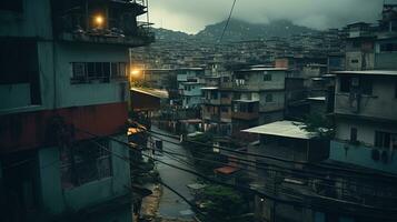 ai gerado generativo ai, brasileiro favelas comunidade, panorâmico Visão com muitos casas, urbano Cidade pobre casa edifícios foto