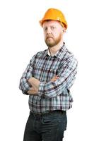 homem com um capacete de construção laranja foto
