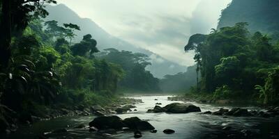 ai gerado generativo ai, amazonense selva nebuloso paisagem, tropical floresta tropical com Palma árvores foto