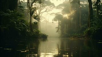 ai gerado generativo ai, amazonense selva nebuloso paisagem, tropical floresta tropical com Palma árvores foto