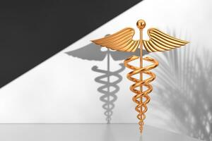 ouro médico caduceu símbolo em uma branco produtos apresentação pódio cubo. 3d Renderização foto