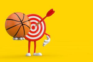 tiro com arco alvo e dardo dentro Centro desenho animado pessoa personagem mascote com basquetebol bola. 3d Renderização foto