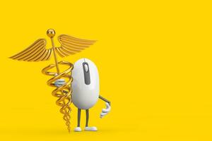 computador rato desenho animado pessoa personagem mascote com dourado médico caduceu símbolo. 3d Renderização foto