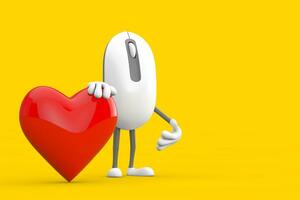 computador rato desenho animado pessoa personagem mascote com vermelho coração. 3d Renderização foto